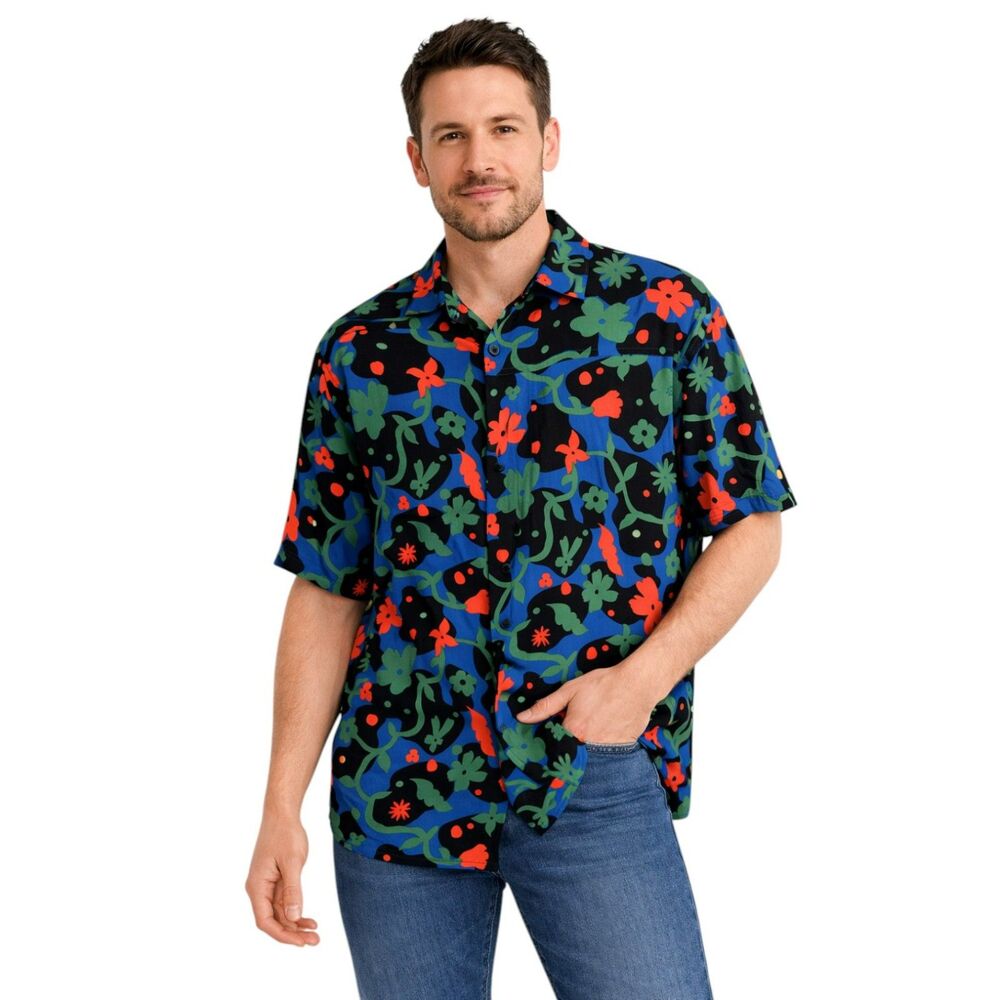 Men’s Tropical Floral Print Button-Up Shirt Large Retro Vacation Shirt
